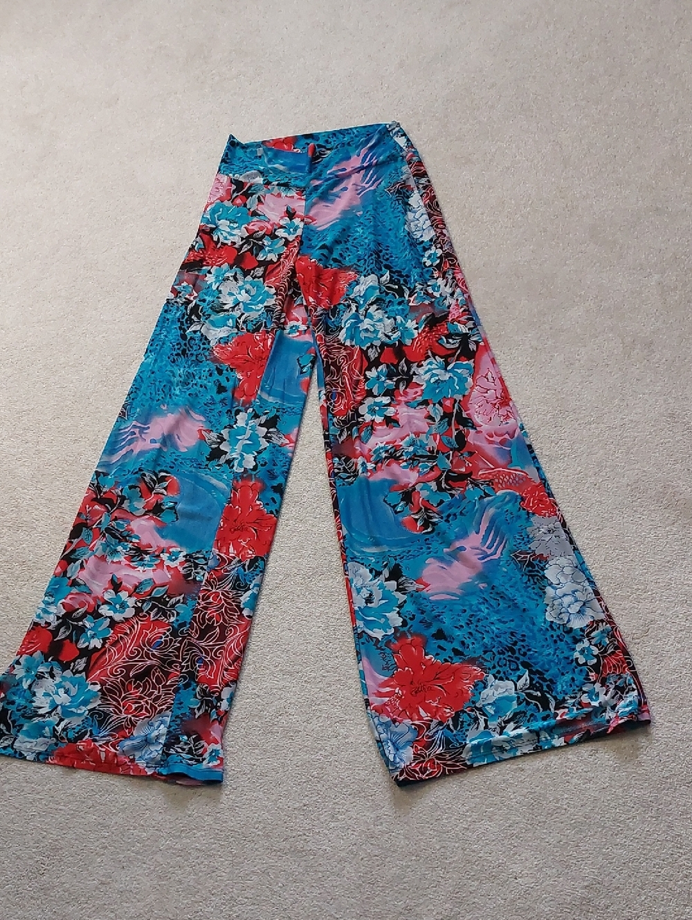 Hannah Blue Floral Wide-Leg Pants with Red & Pink Accents